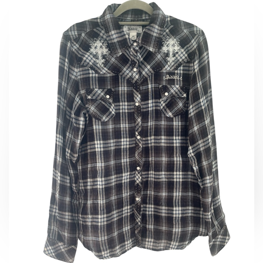 Vintage Adiktd Y2K Women’s Plaid Western Embroidered Pearl Snap Shirt Medium